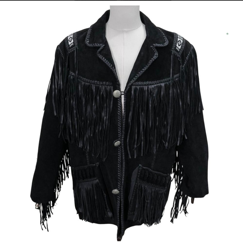 Vintage Scully Leather Western Black Fringed Jacket Beaded Detail Size 48